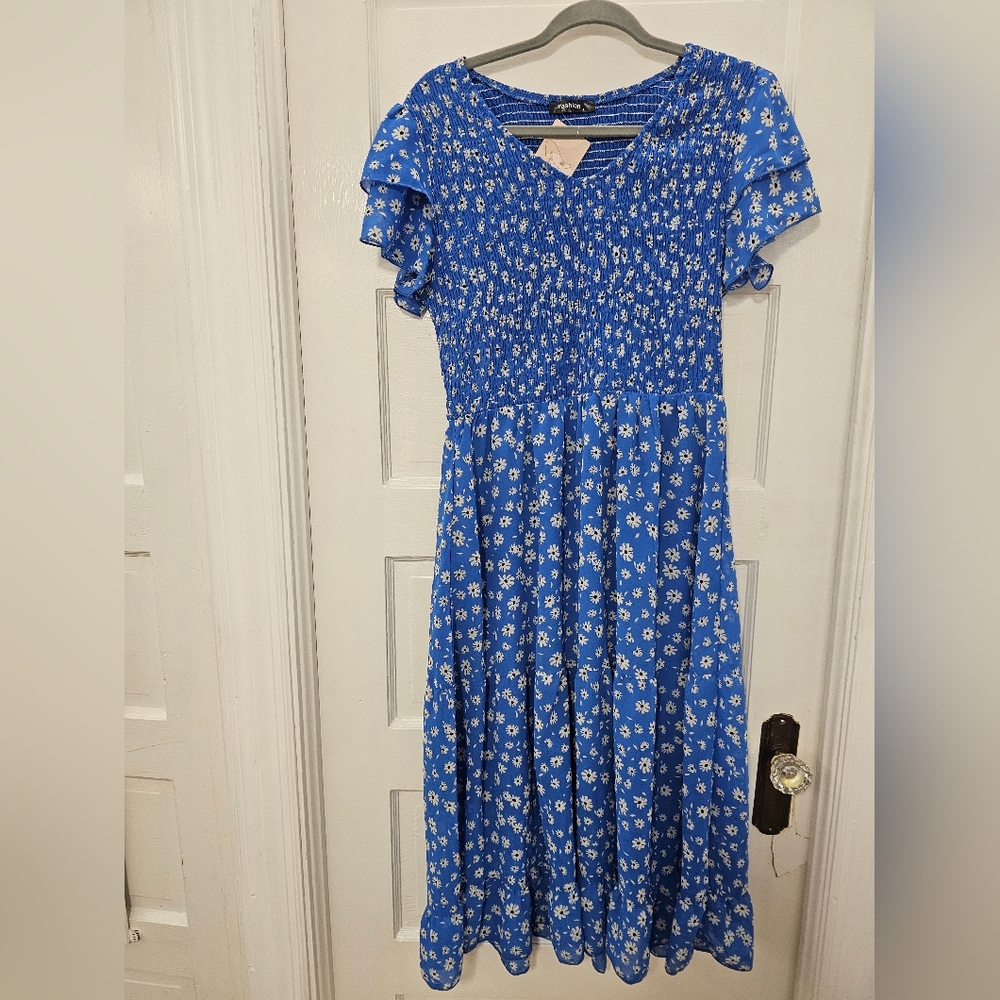 Blue Floral Midi Dress